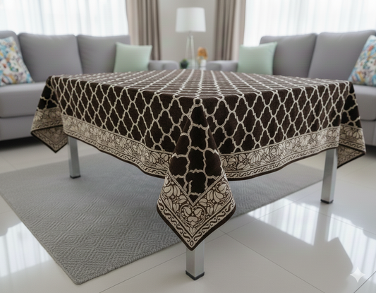 Comfort Shoppy Velvet 6 Seater Geometric Table Cover  (Brown, Golden)