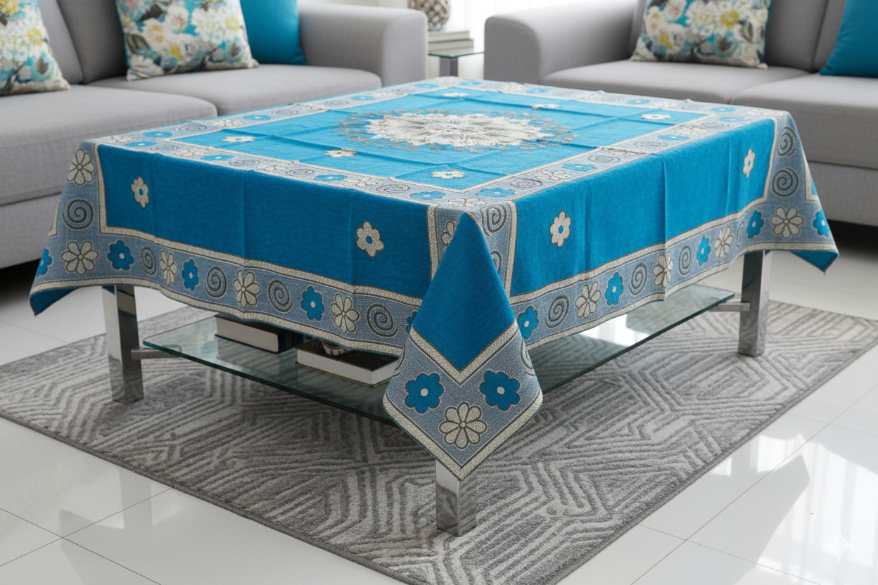 Comfort Shoppy Velvet 6 Seater Embroidered Table Cover  (Blue, Golden)