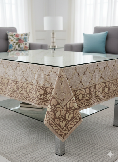 Comfort Shoppy Velvet 6 Seater Geometric Table Cover  (off white, Golden)
