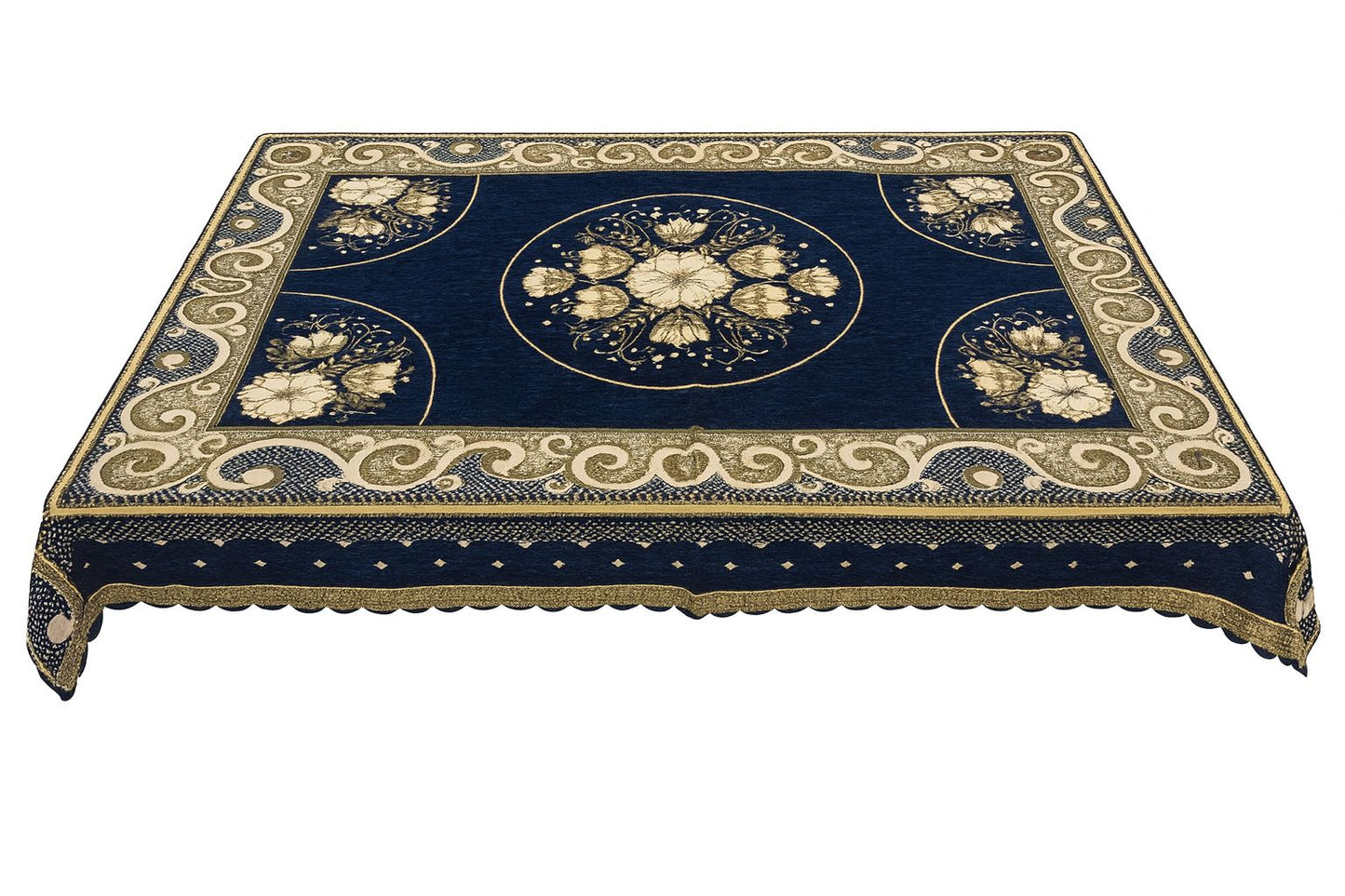 Comfort Shoppy Velvet 6 Seater Embroidered Table Cover  (Navy Blue, Golden)